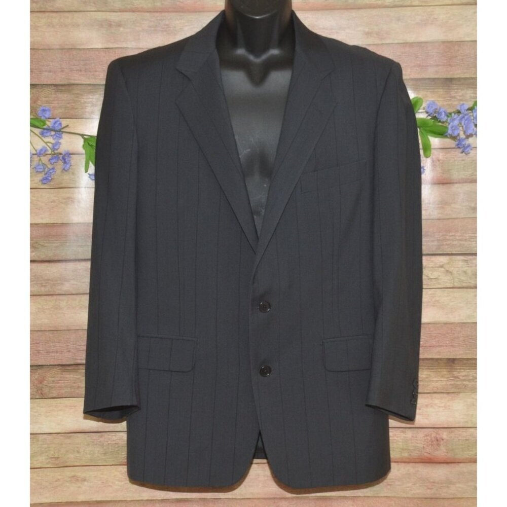 Vintage Caraceni Virgen Wool Italian Suit Jacket Size 40L Gray Black Pinstripe